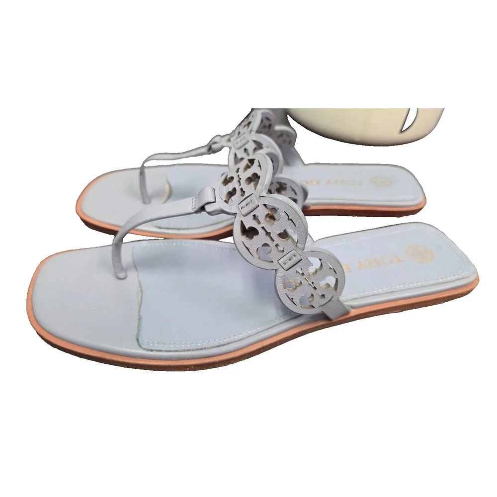 TORY BURCH Tiny Miller Medallion Logo 8.5M Leather Wedge Thong Sandals Cloud Blu